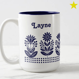 Moderne Minimalistische Blauwe Volkskunst Bloemen Tweekleurige Koffiemok