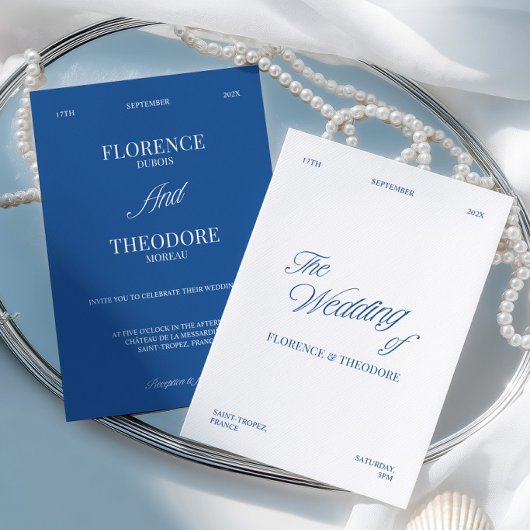 Moderne Minimalistische Blauwe & Witte Bruiloft Kaart
