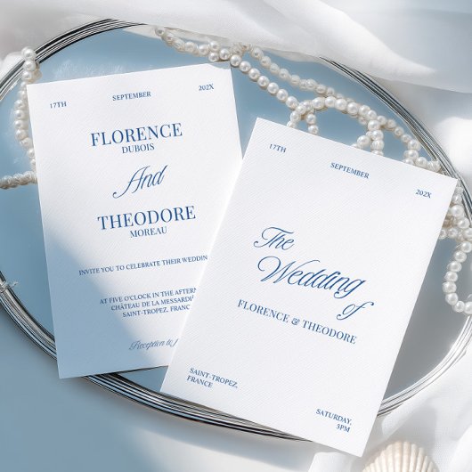 Moderne Minimalistische Blauwe & Witte Bruiloft Kaart