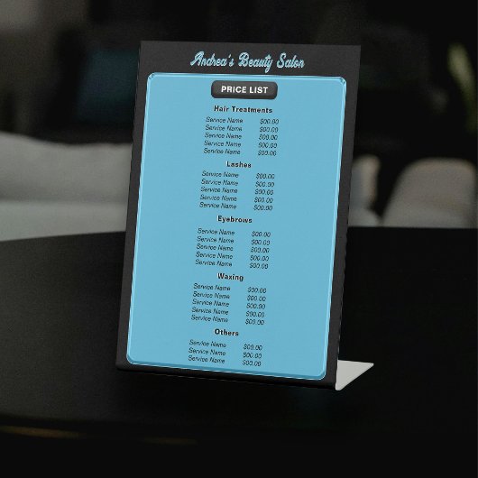 Moderne minimalistische blauwe zwarte moderne salo reclamebord met voetstuk