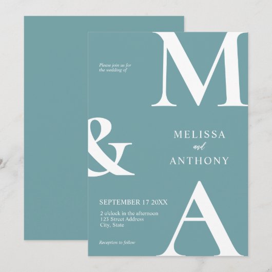 Moderne minimalistische Blauwgroen bruiloft Kaart (Voorkant / Achterkant)