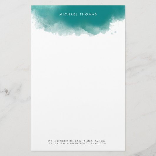 Moderne minimalistische Blauwgroen Waterverf Splas Briefpapier (Voorkant)