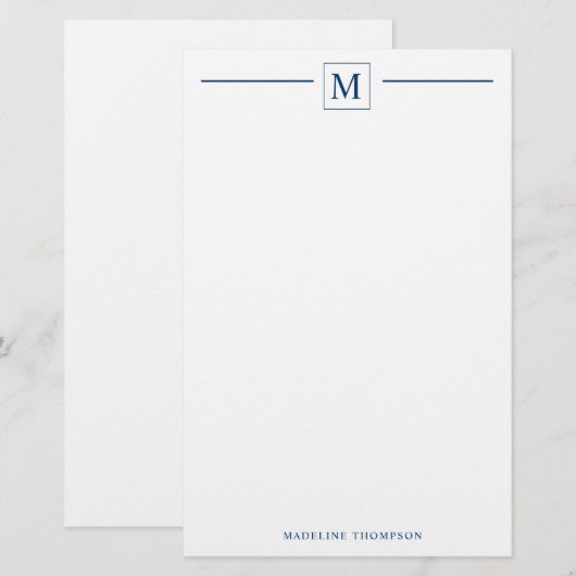 Moderne minimalistische blauwmonogram van de marin briefpapier (Voorkant / Achterkant)