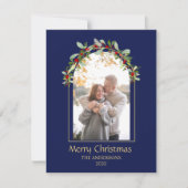 Moderne Minimalistische Bloemboog Foto Blauw Feestdagenkaart (Voorkant)