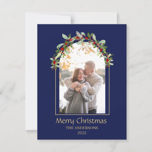 Moderne Minimalistische Bloemboog Foto Blauw Feestdagenkaart (Voorkant)