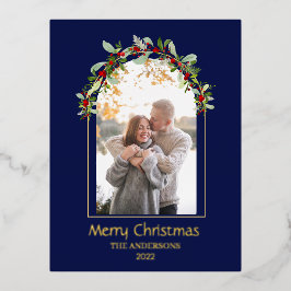 Moderne Minimalistische Bloemboog Foto Blauw Folie Feestdagen Briefkaart