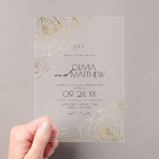 Moderne Minimalistische Bloemen Gouden Roos Huweli Acryl Uitnodigingen