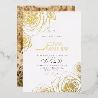 Moderne Minimalistische Bloemen Gouden Roos Huweli Folie Uitnodiging