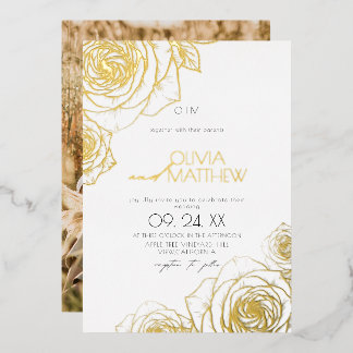 Moderne Minimalistische Bloemen Witte Gouden Roos Folie Uitnodiging
