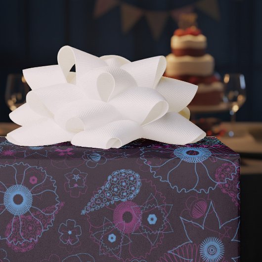 Moderne minimalistische bloemenblauw & Paarse patr Cadeaupapier