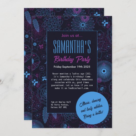 Moderne minimalistische bloemenblauw & Paarse patr Kaart (Voorkant / Achterkant)