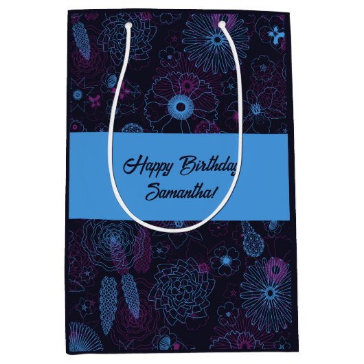 Moderne minimalistische bloemenblauw & Paarse patr Medium Cadeauzakje (Voorkant)