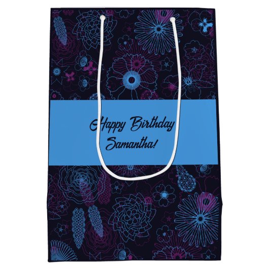 Moderne minimalistische bloemenblauw & Paarse patr Medium Cadeauzakje (Achterkant)