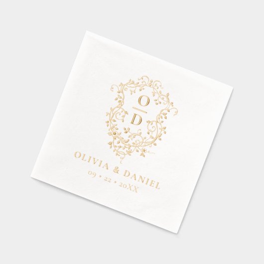 Moderne Minimalistische Bloemenkam Monogram Huweli Folie Servetten (Links)