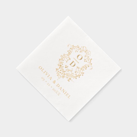 Moderne Minimalistische Bloemenkam Monogram Huweli Folie Servetten (Rechts)