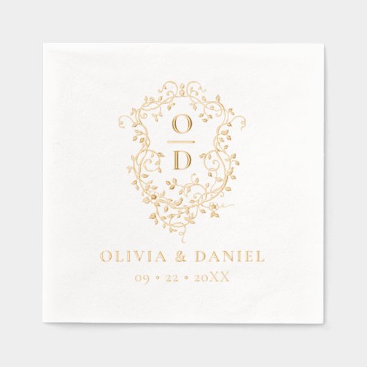 Moderne Minimalistische Bloemenkam Monogram Huweli Folie Servetten (Voorkant)