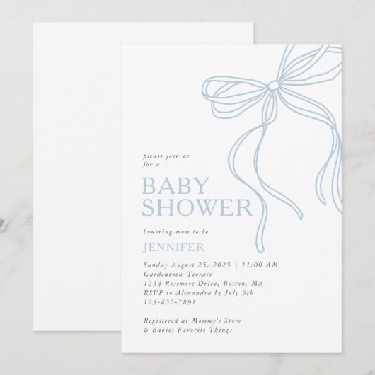 Moderne minimalistische Blue Bow Baby Shower Kaart (Voorkant / Achterkant)