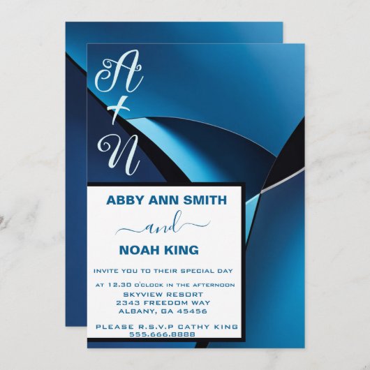 Moderne minimalistische Blue Wave bruiloft uitnodi Kaart (Voorkant / Achterkant)