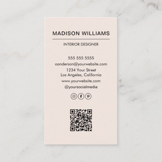 Moderne minimalistische Blush Pink Photo QR Social Visitekaartje (Achterkant)