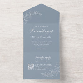 Moderne minimalistische Boho Dusty Blue QR code br All In One Uitnodiging