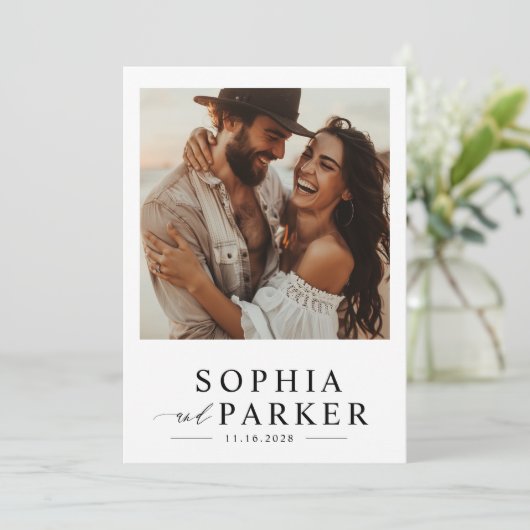 Moderne minimalistische Boho foto bruiloft Kaart (Staand voorkant)