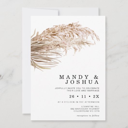 Moderne minimalistische Boho Palm Pampas Grass Wed Kaart (Voorkant)