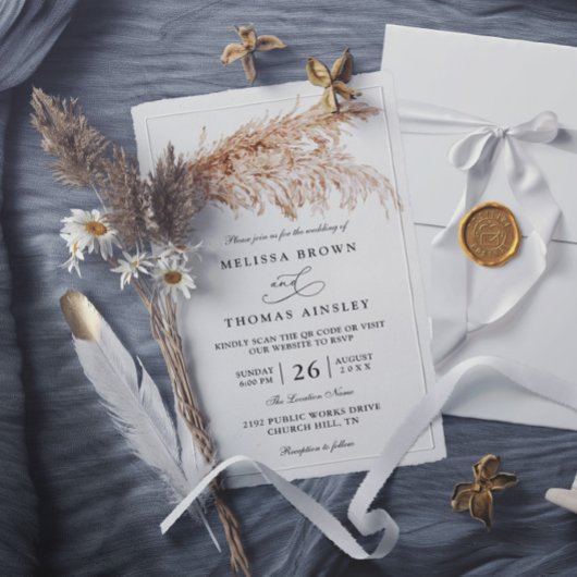 Moderne Minimalistische Boho Pampas QR Code Trouwe Kaart