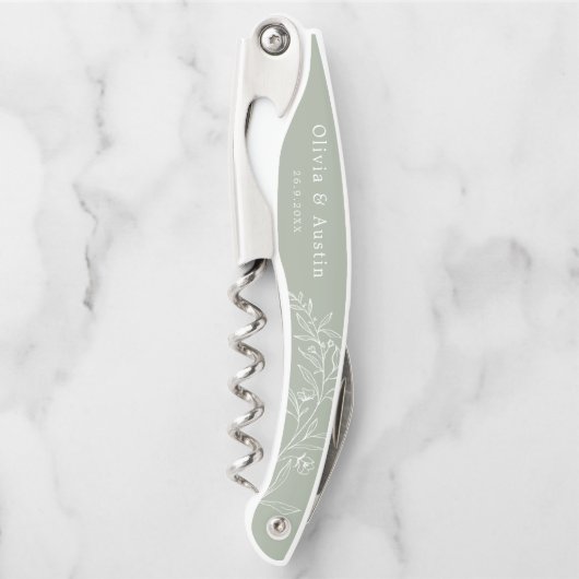 Moderne minimalistische Boho Sage Groene Huwelijks Kurkentrekker (Voorkant)