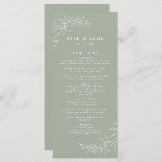 Moderne Minimalistische Boho Saliegroene Trouw Menu (Voorkant / Achterkant)
