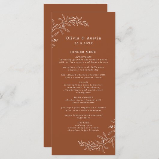 Moderne Minimalistische Boho Terracotta Trouwdiner Menu (Voorkant / Achterkant)