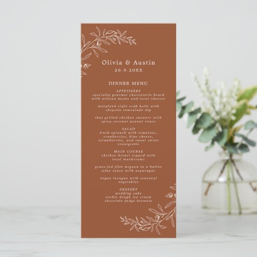 Moderne Minimalistische Boho Terracotta Trouwdiner Menu (Staand voorkant)