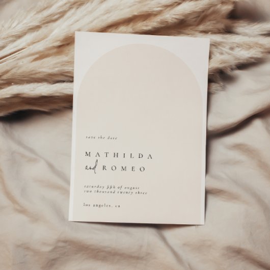 Moderne minimalistische boog beige bruiloft sparen kaart