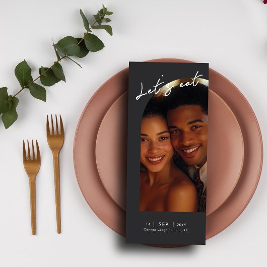 Moderne minimalistische boog foto elegante bruilof menu