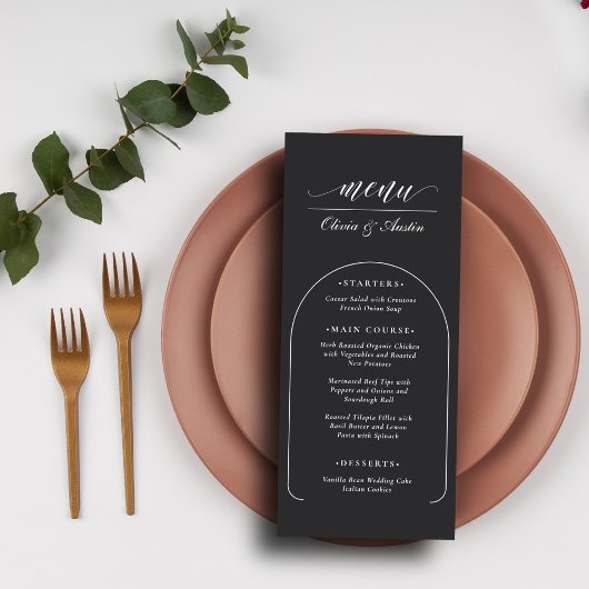 Moderne minimalistische boog foto elegante bruilof menu