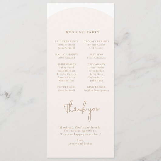 Moderne Minimalistische Boog Huwelijksprogramma Programmakaart (Achterkant)