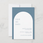 Moderne minimalistische boog stoffige blauwe bruil save the date (Voorkant)