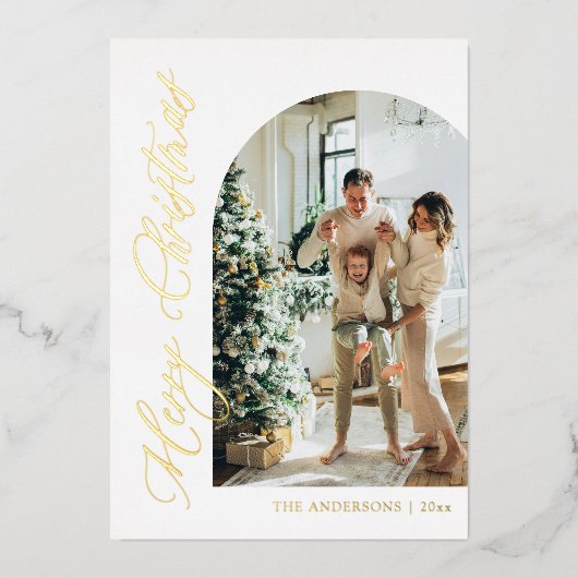 Moderne minimalistische boogfoto vrolijk kerstgoud folie feestdagenkaart (Voorkant)