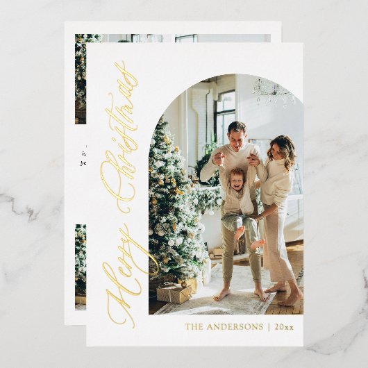 Moderne minimalistische boogfoto vrolijk kerstgoud folie feestdagenkaart (Voorkant / Achterkant)