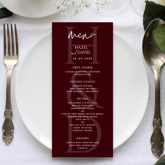 Moderne Minimalistische Bordeaux Monogram Trouwkaa Menu