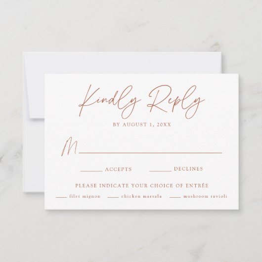 Moderne minimalistische botanische terracotta-keuz RSVP kaartje (Voorkant)