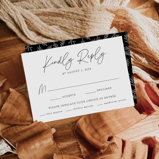 Moderne minimalistische botanische zwarte maaltijd RSVP kaartje