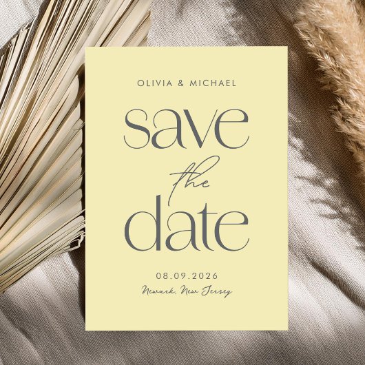 Moderne minimalistische boter gele chique bruiloft save the date