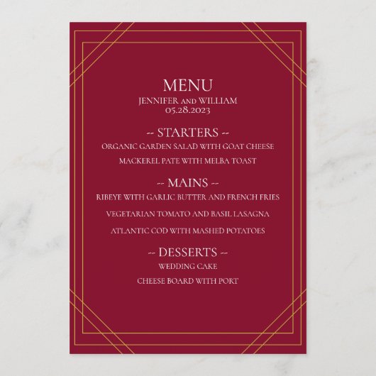 Moderne minimalistische Bourgogne en gouden lijnen Menu (Achterkant)