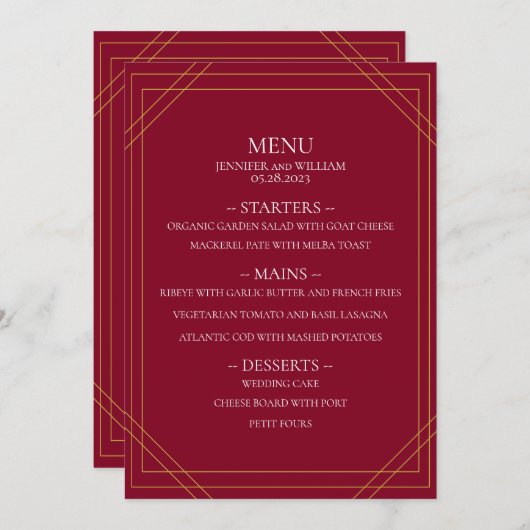 Moderne minimalistische Bourgogne en gouden lijnen Menu (Voorkant / Achterkant)