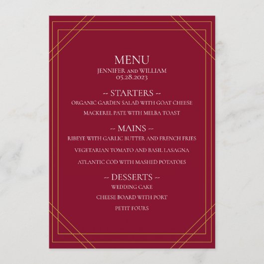 Moderne minimalistische Bourgogne en gouden lijnen Menu (Voorkant)