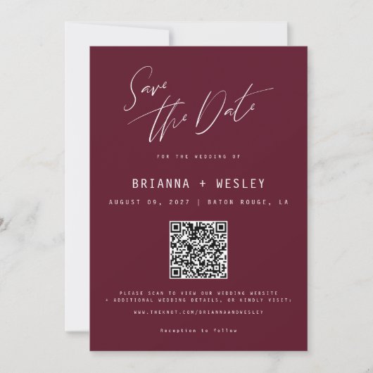 Moderne minimalistische Bourgogne QR Code Foto Save The Date (Voorkant)