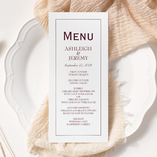 Moderne Minimalistische Bourgondiër Witte Bruiloft Menu