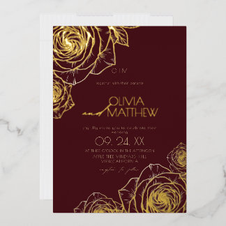 Moderne Minimalistische Bourgondische Bloemen Goud Folie Uitnodiging