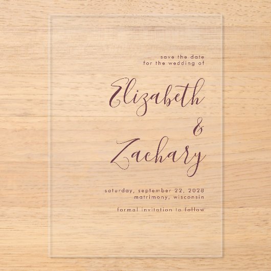 Moderne minimalistische Bourgondische script Save  Acryl Uitnodigingen (Voorkant)
