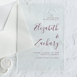 Moderne minimalistische Bourgondische script Save  Acryl Uitnodigingen